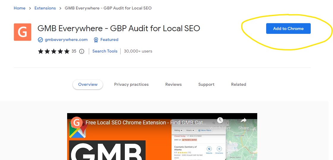 The Add to Chrome button on the GMB Everywhere Chrome Web Store page