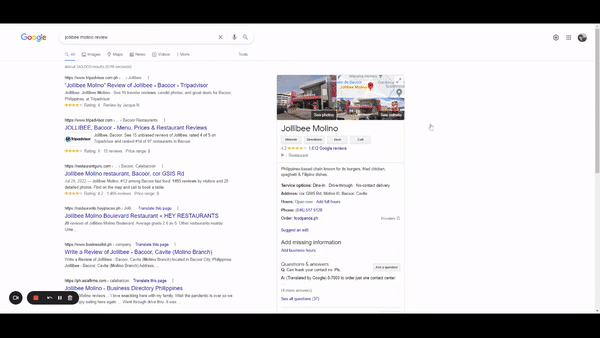 Reviews displayed for a business on Google