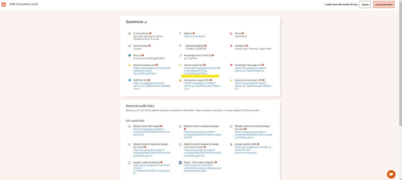 The Review Request Link highlighted on the GMB Everywhere audit page