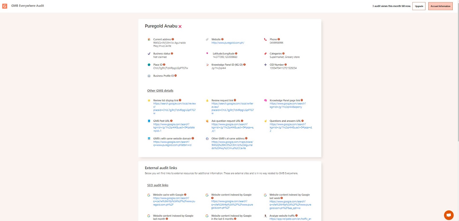 Screenshot showing the GMB Everywhere basic audit page