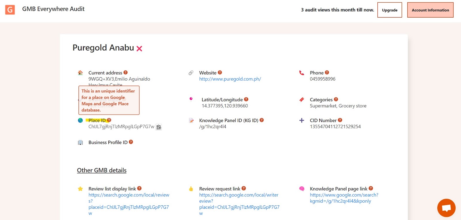 Screenshot highlighting the Place ID on the GMB Everywhere audit page