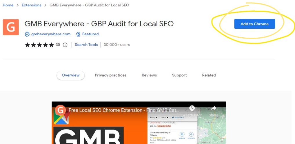 Screenshot of the Chrome Store page for GMB Everywhere