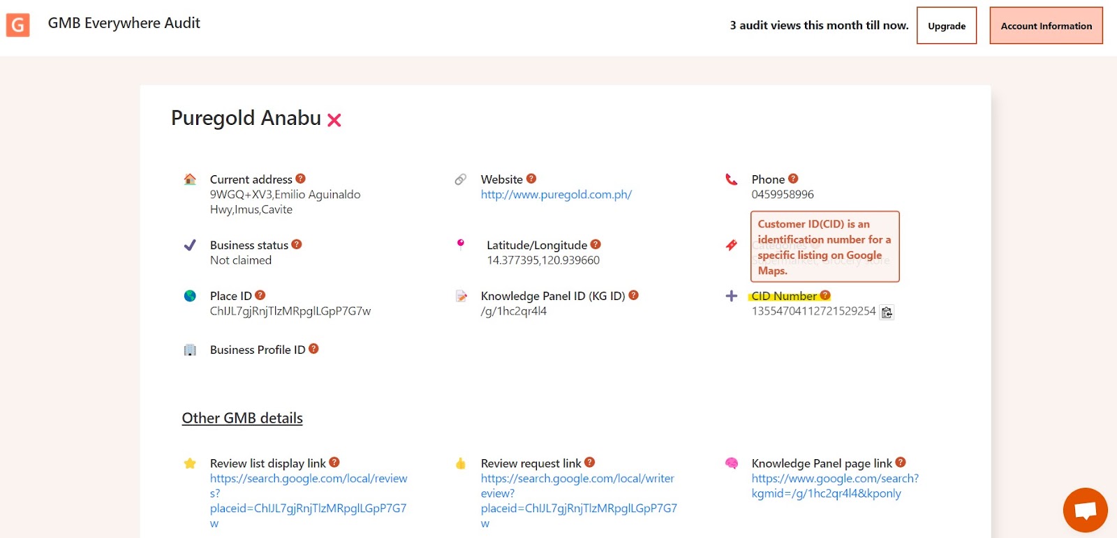 Screenshot highlighting the Customer ID (CID) on the GMB Everywhere audit page
