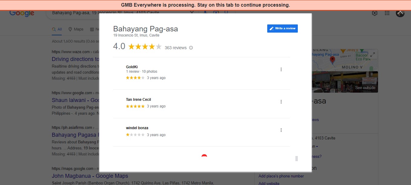 The GMB Everywhere extension automatically analyzing Google Reviews