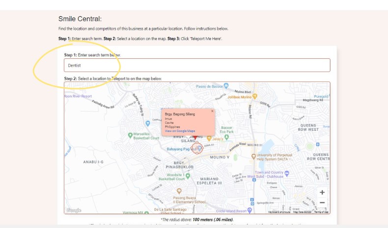 Screenshot showing where to input the search term on the Teleport page