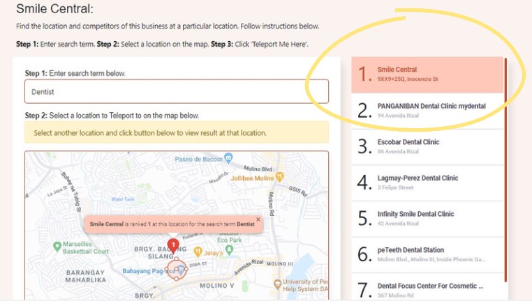 Screenshot showing the list of top ranking businesses at the selected location