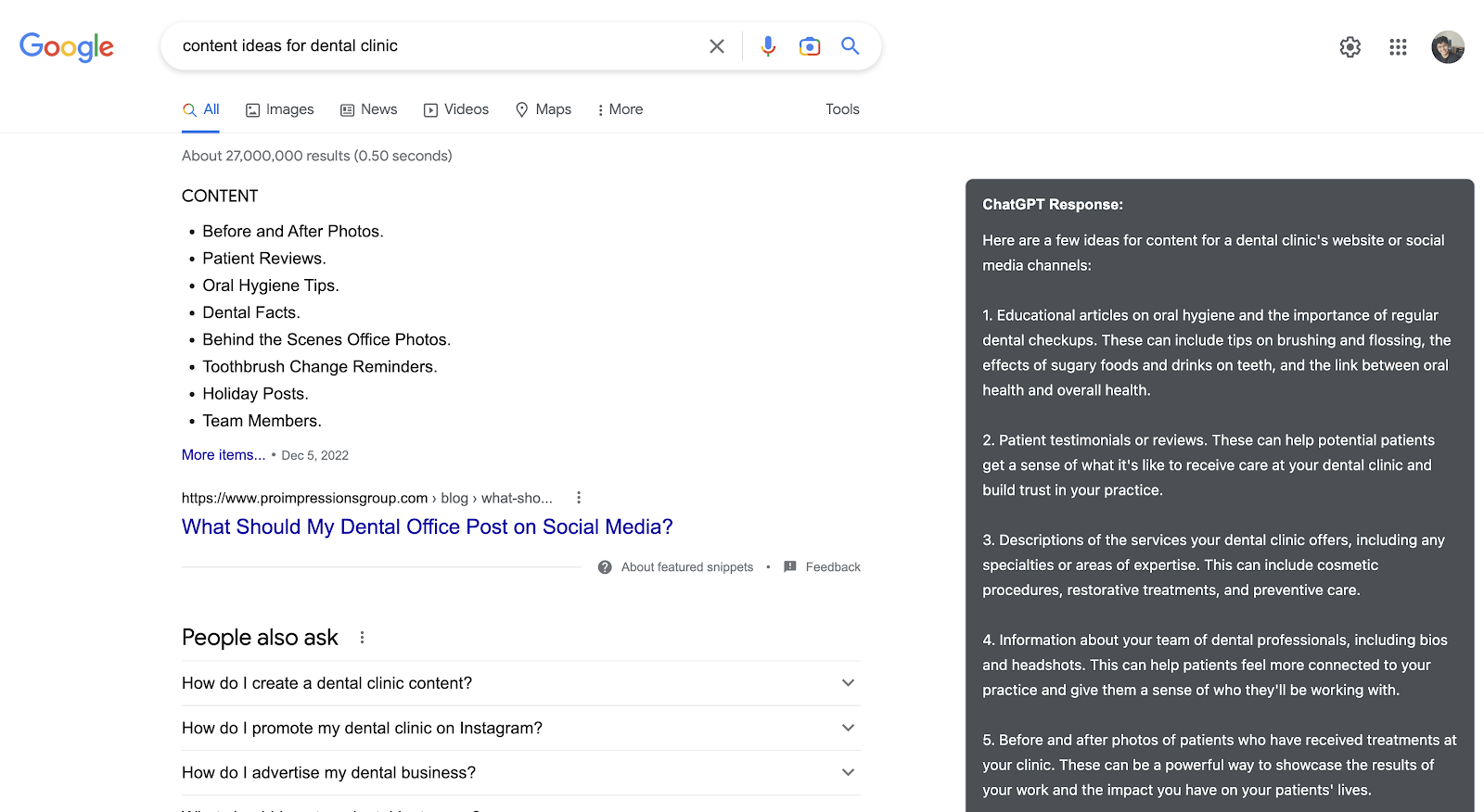 ChatGPT response compared side by side with a Google search result