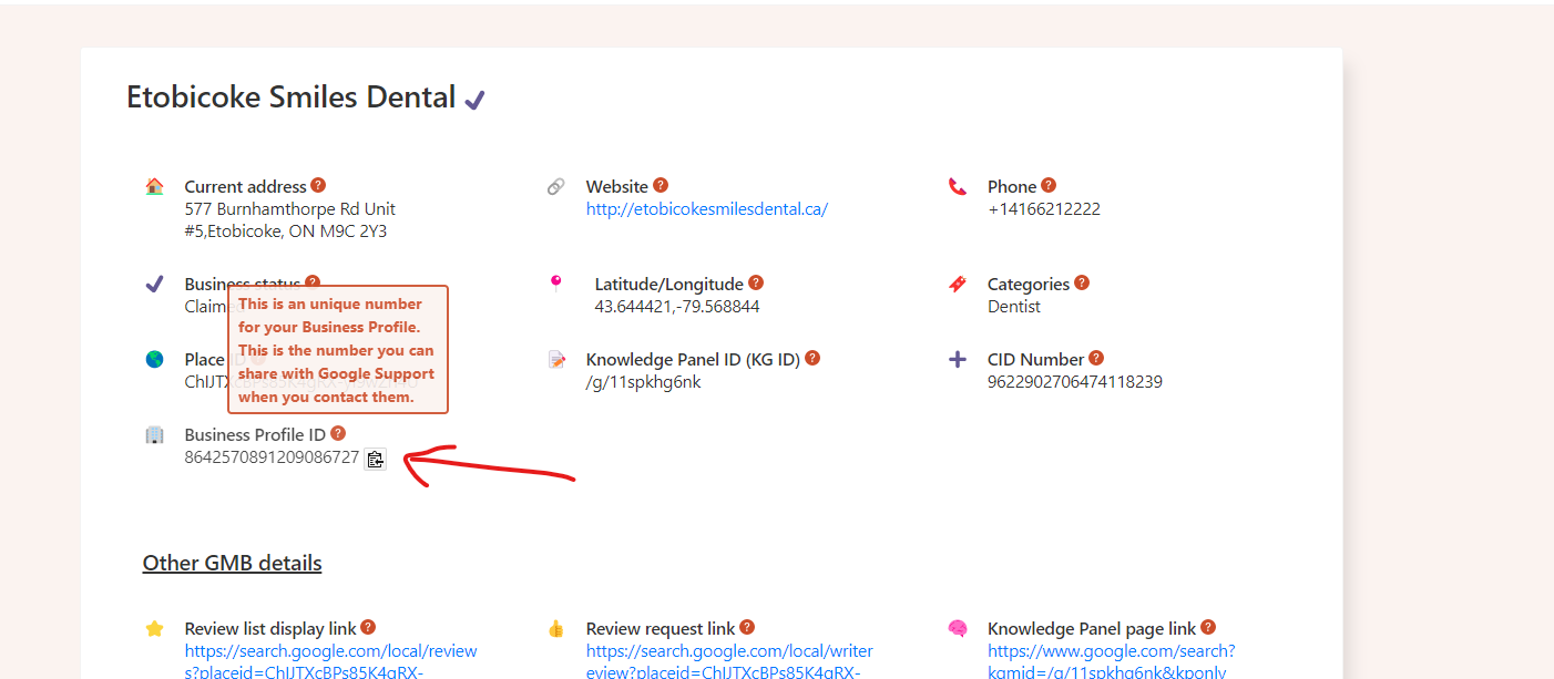 Screenshot showing where you can get the Business Profile ID