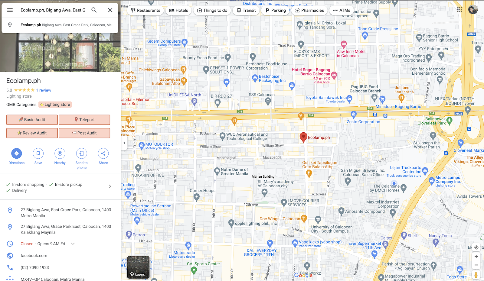 Screenshot showing the GMB Everywhere buttons on a Google Maps search result