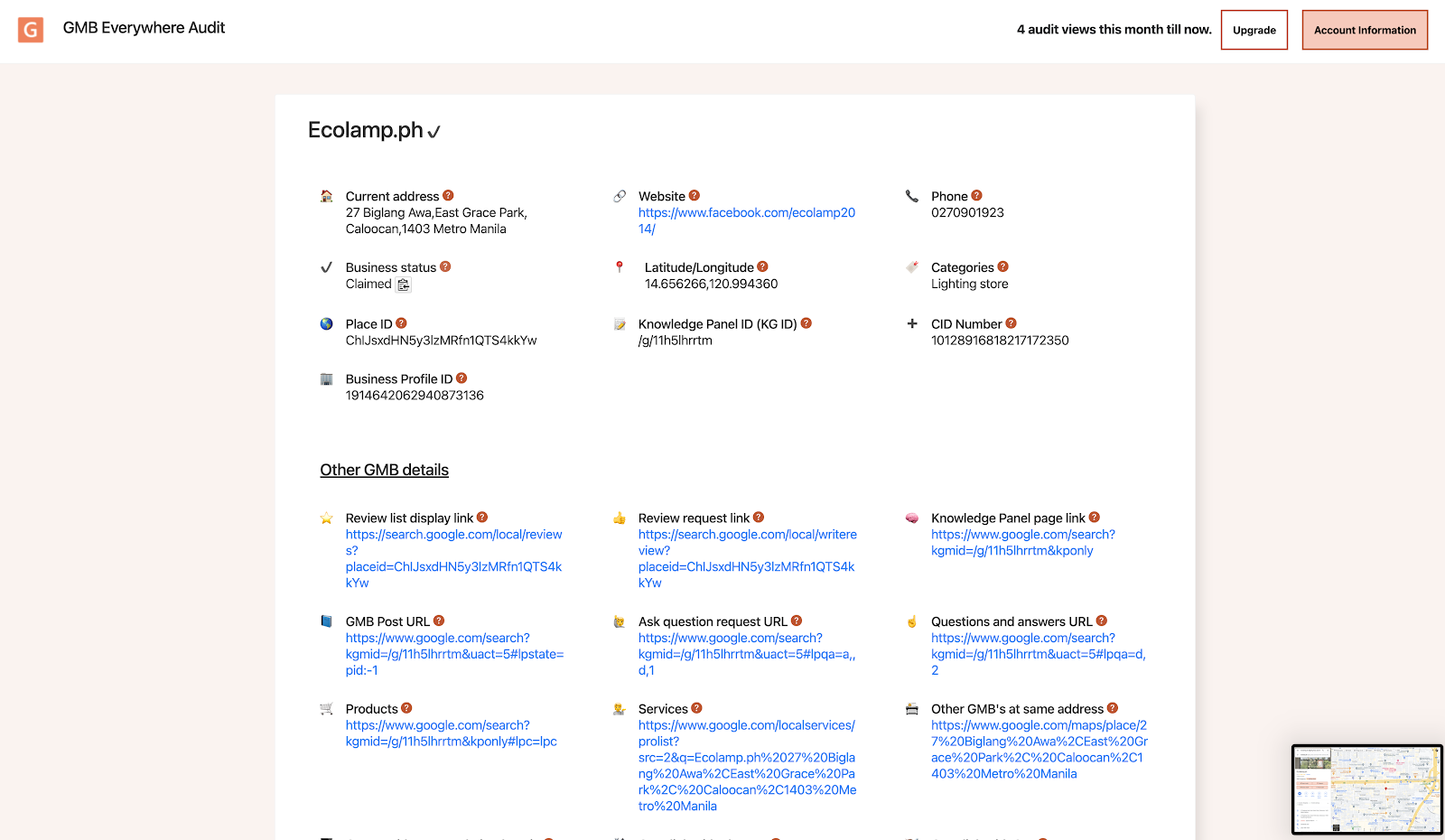 Screenshot of the GMB Everywhere Basic Audit page showing profile information and audit links