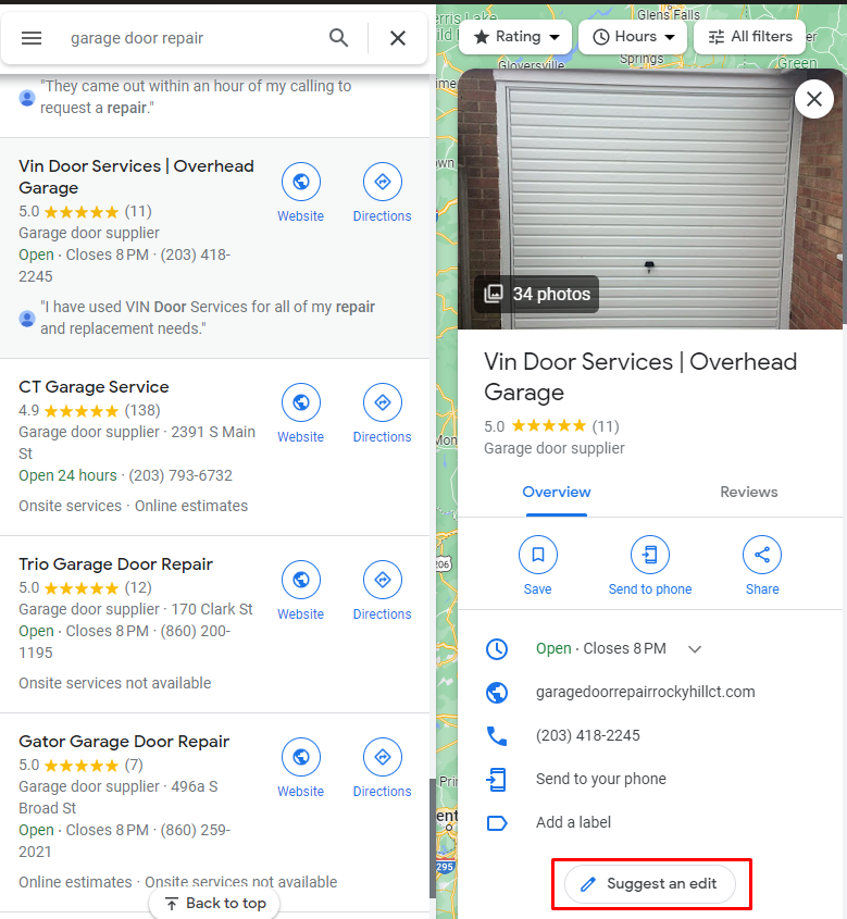The Suggest an edit button on a Google Maps listing