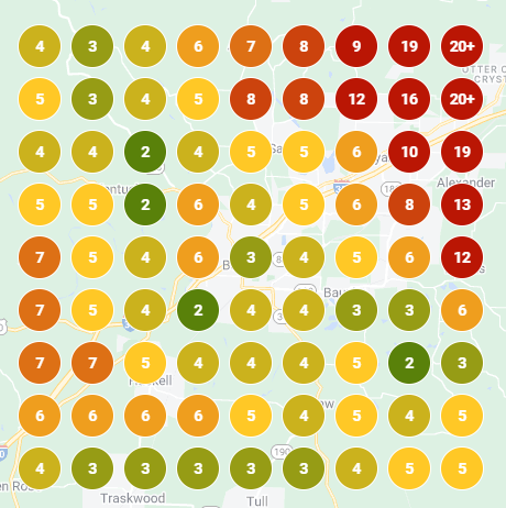Local Falcon grid scan showing map rank at each location node
