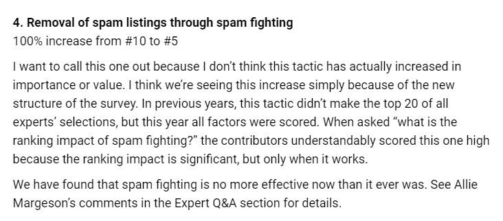 Whitespark Local Search Ranking Factors report showing spam fighting as a top local SEO action