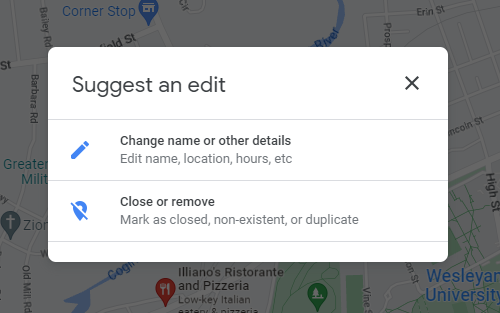The two edit options shown when suggesting an edit on Google Maps