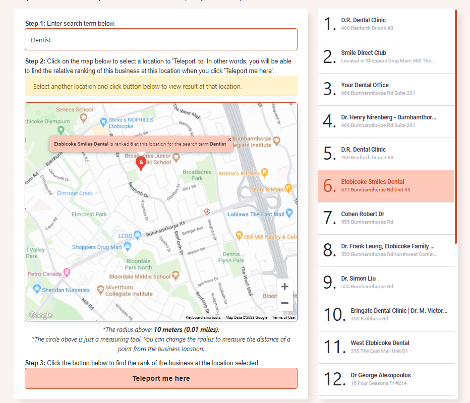 GMB Everywhere Teleport showing rank 6th for keyword Dentist at a specific location