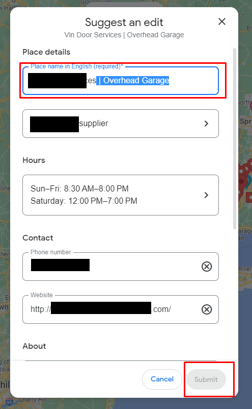 Editing the name of a business via Google Maps suggest an edit