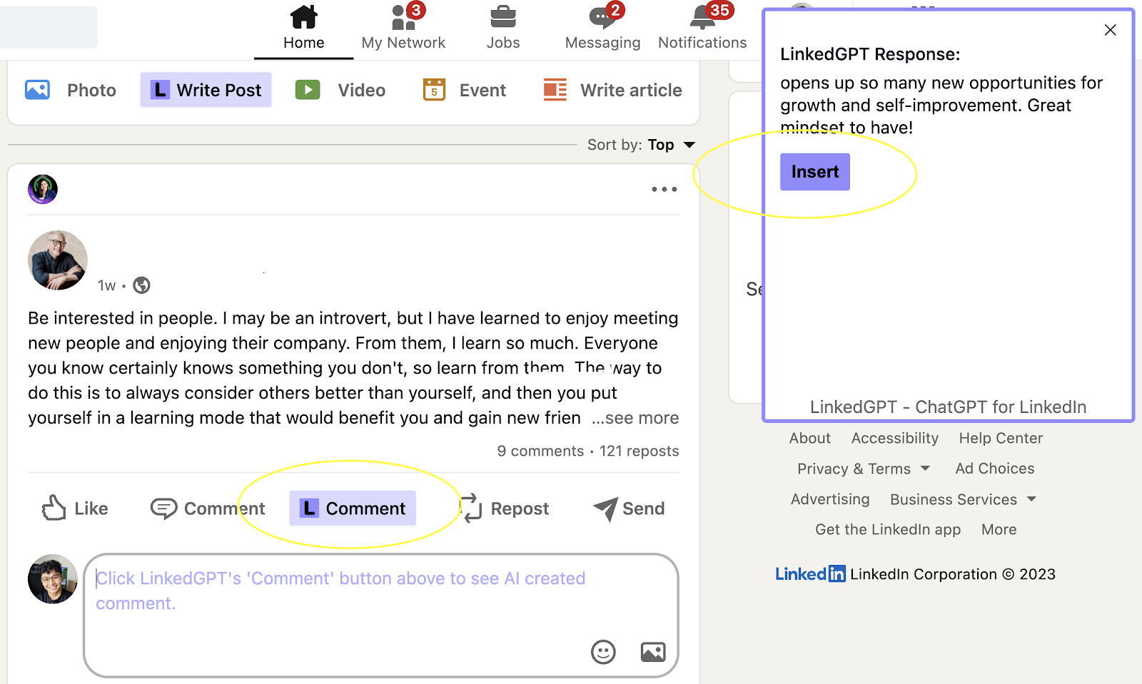 Screenshot showing the AI Comment button in the LinkedIn comments section
