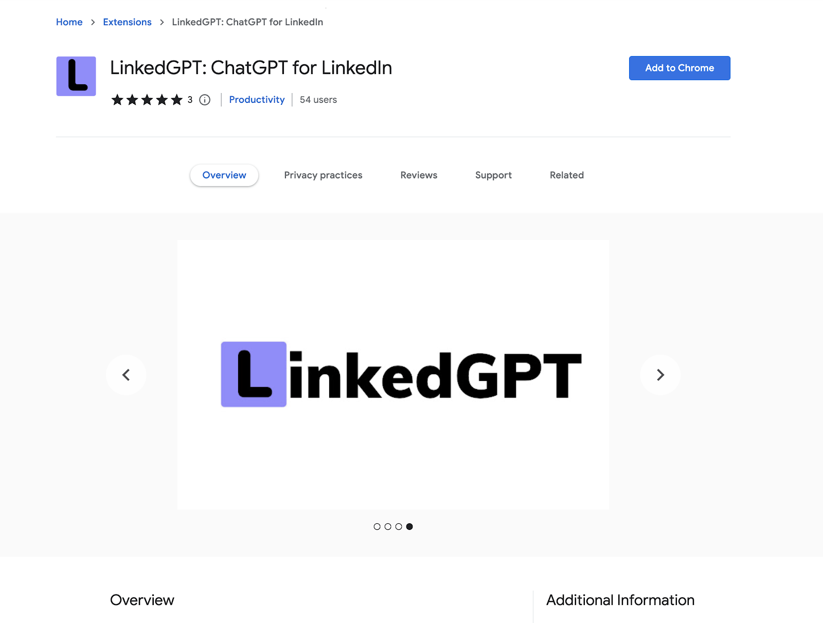 Screenshot of the LinkedGPT extension listing in the Chrome Web Store