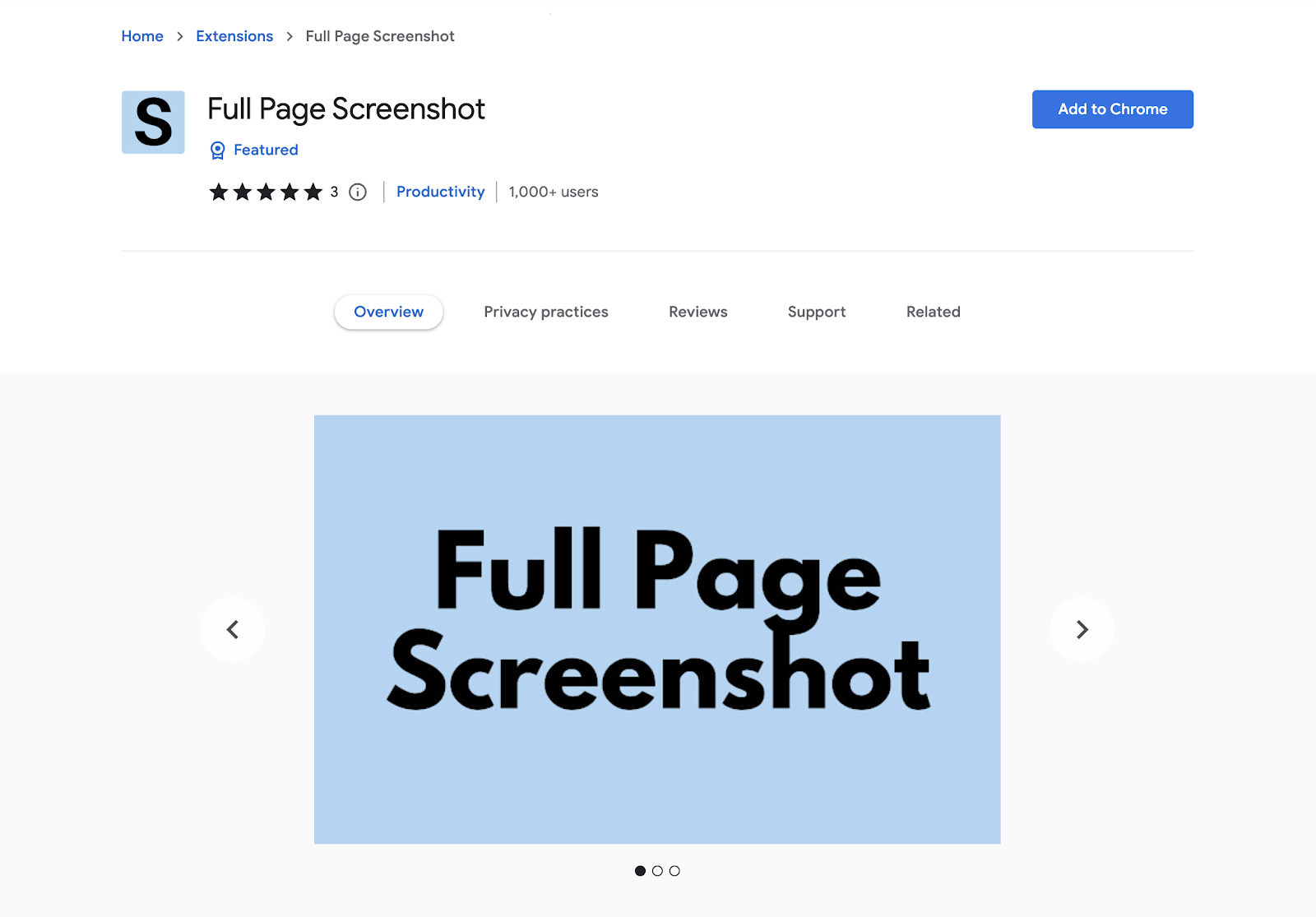 Full Page Screenshot extension page on the Chrome Web Store