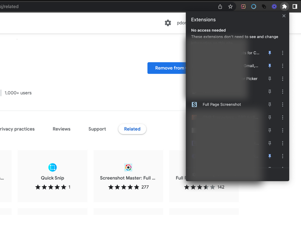 Chrome Extensions menu showing how to pin the Full Page Screenshot extension