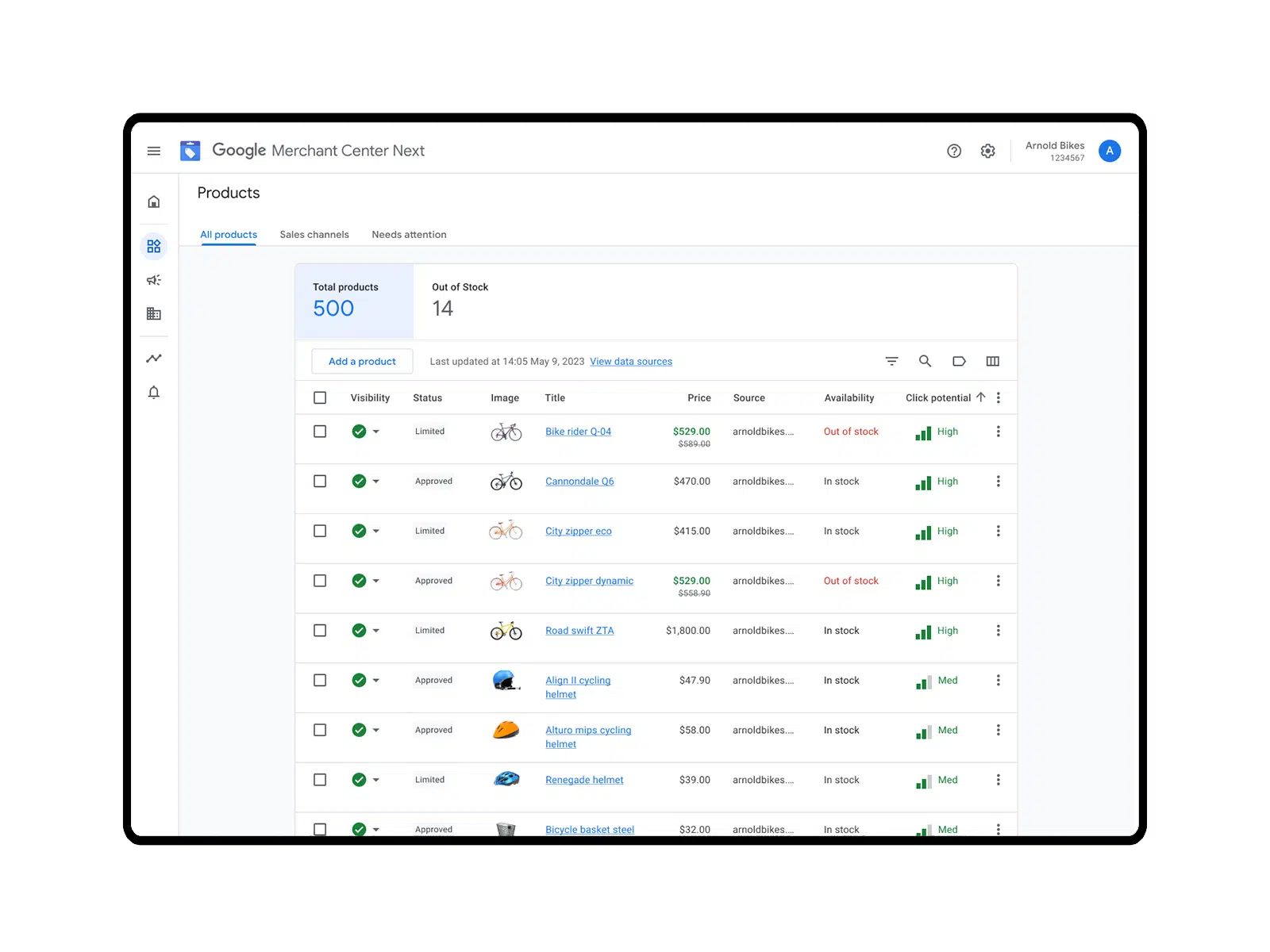 Screenshot of Google Merchant Center product management interface