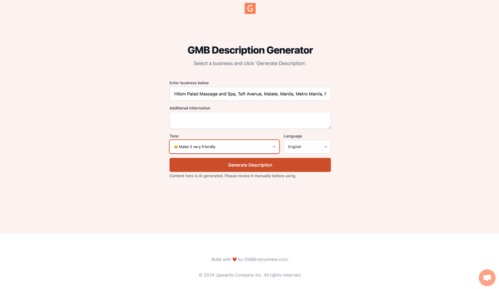 Tone selection options and Generate Description button in the GMB Description Generator