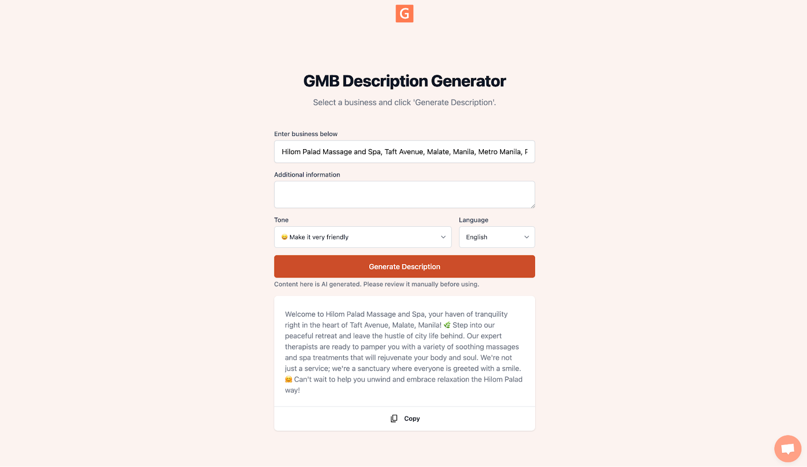 The Copy button for the generated Google Business Profile description