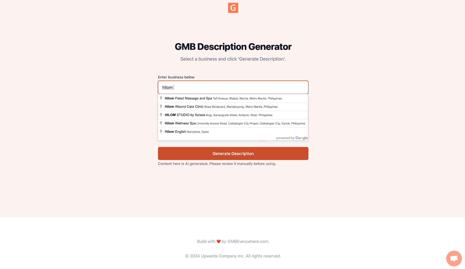 Text box for entering your business name in the GMB Description Generator