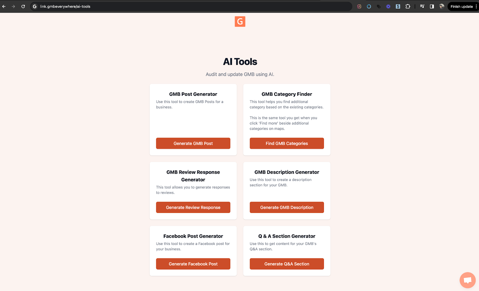 The GMB Everywhere AI tools page showing the GMB Description Generator option