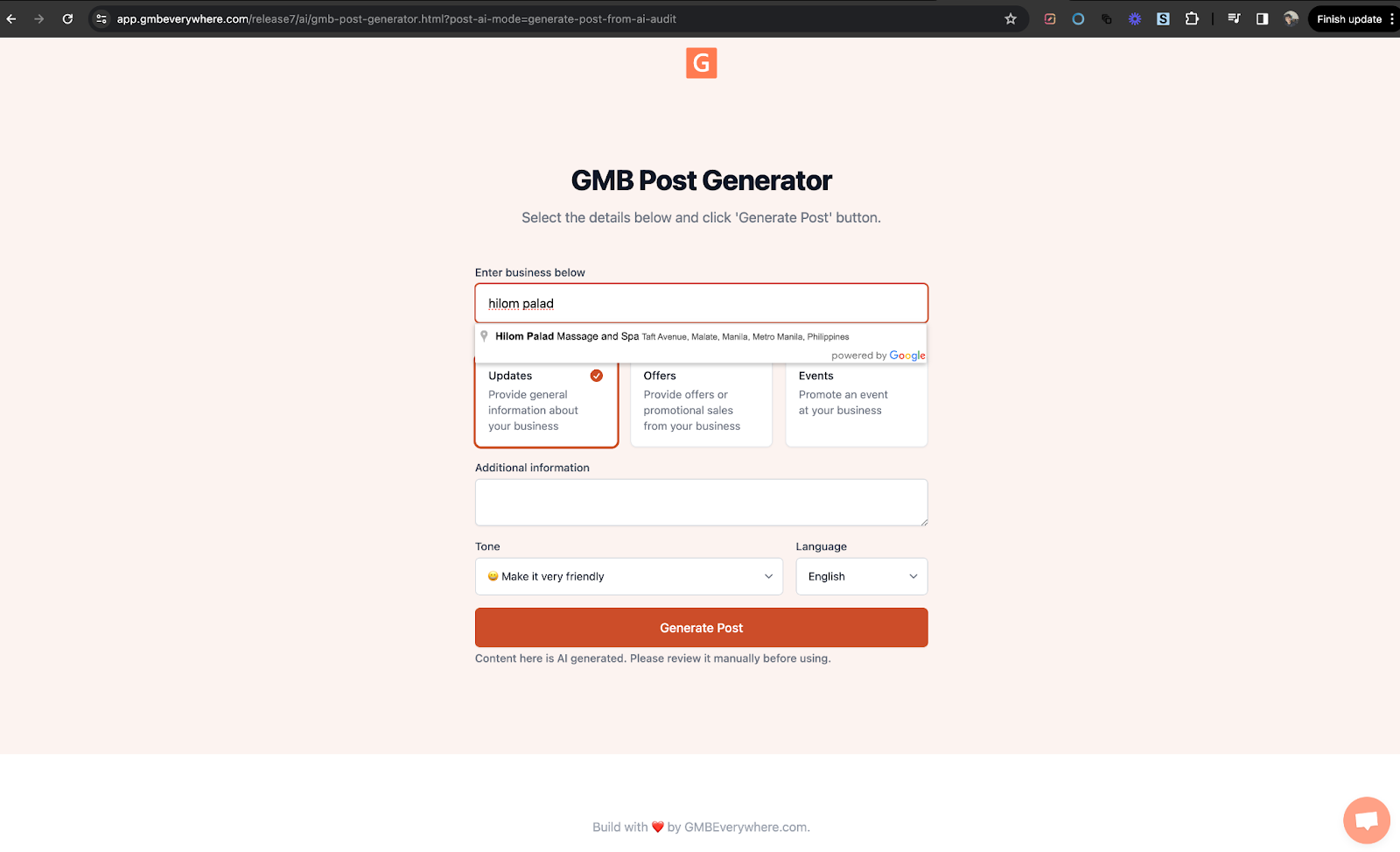 Screenshot showing the GMB Post Generator form with business name and post type fields