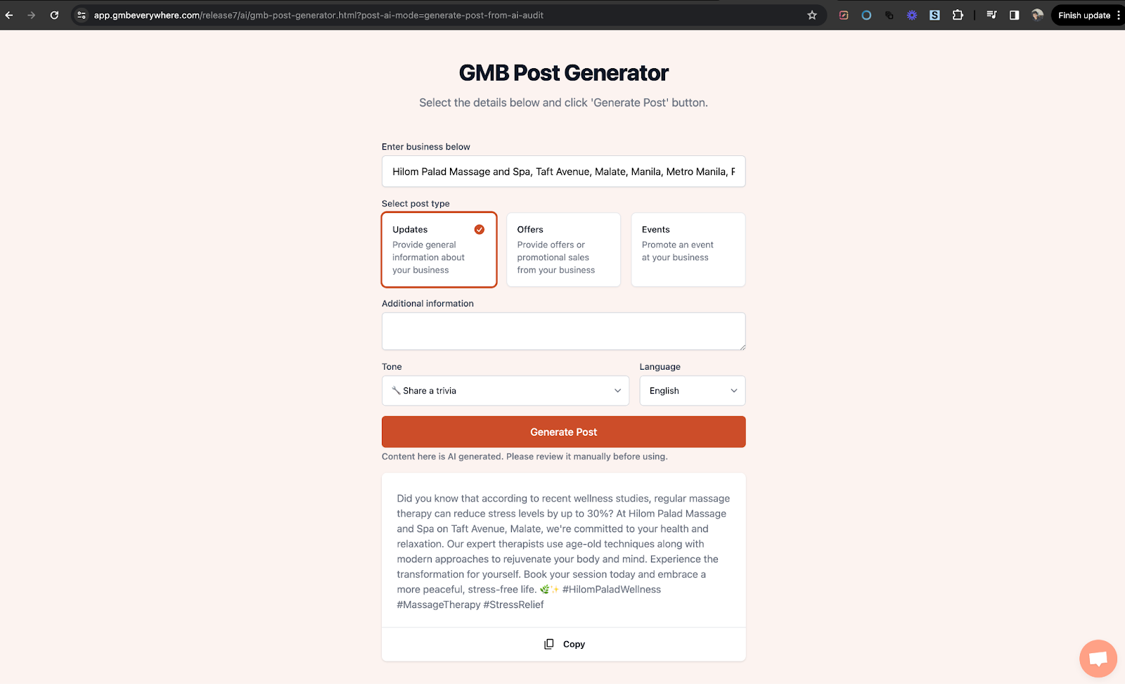 Screenshot showing the Copy button and generated post content ready to publish