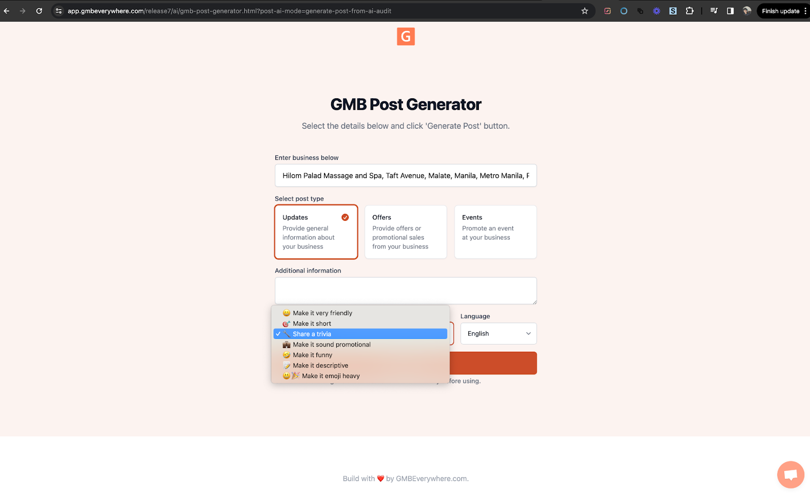 Screenshot showing the tone selection and Generate button in the GMB Post Generator