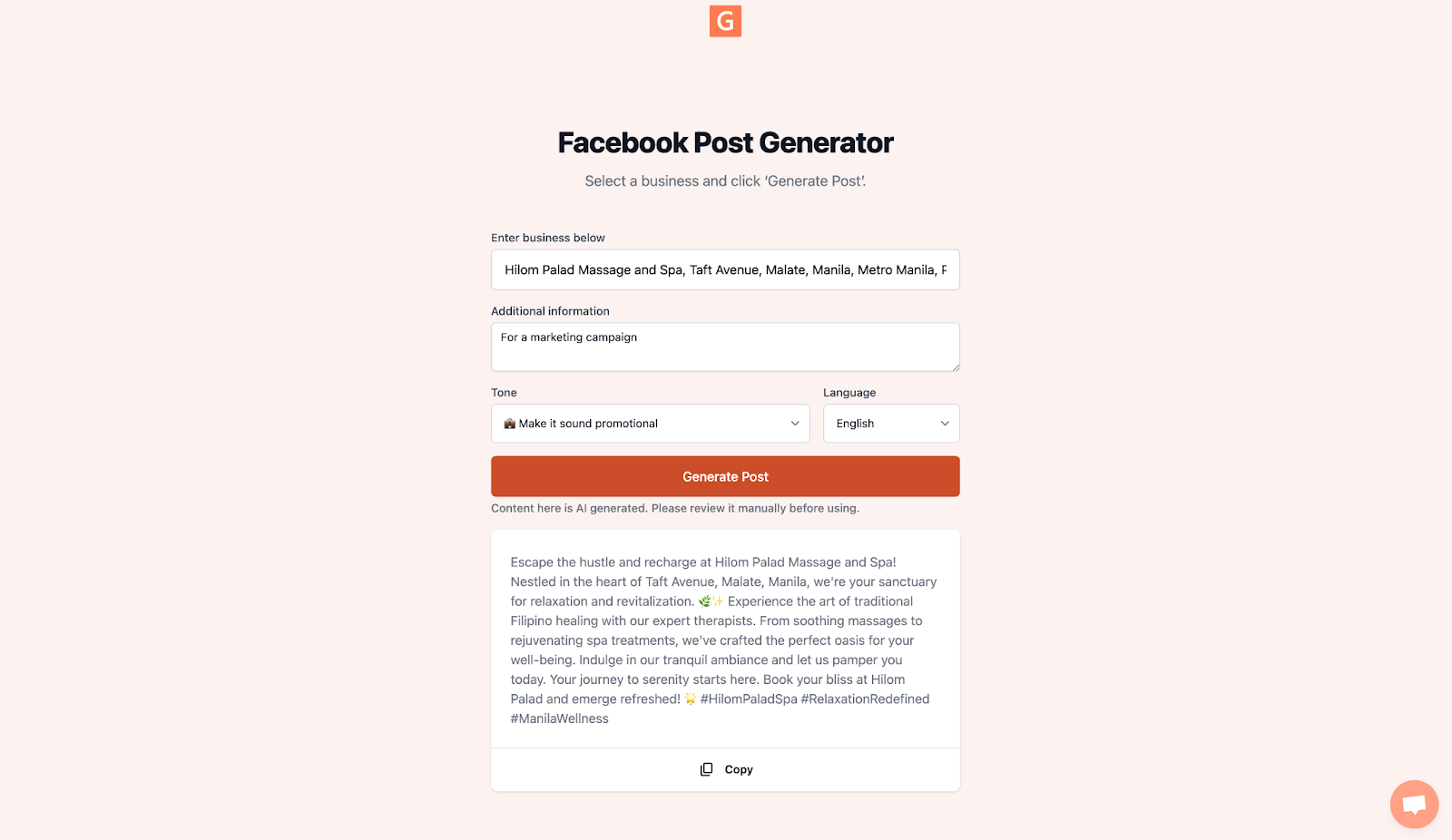 Screenshot showing the generated Facebook post with a Copy button to save it to clipboard