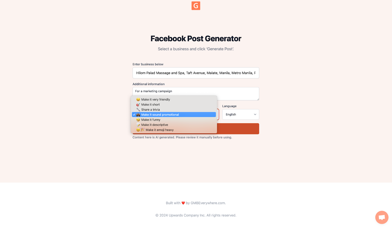 Screenshot showing the Facebook Post Generator form with business name, additional information, and tone fields