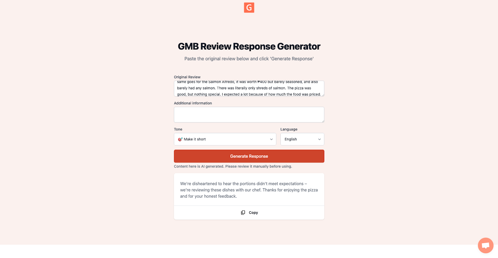 AI-generated review response ready to copy
