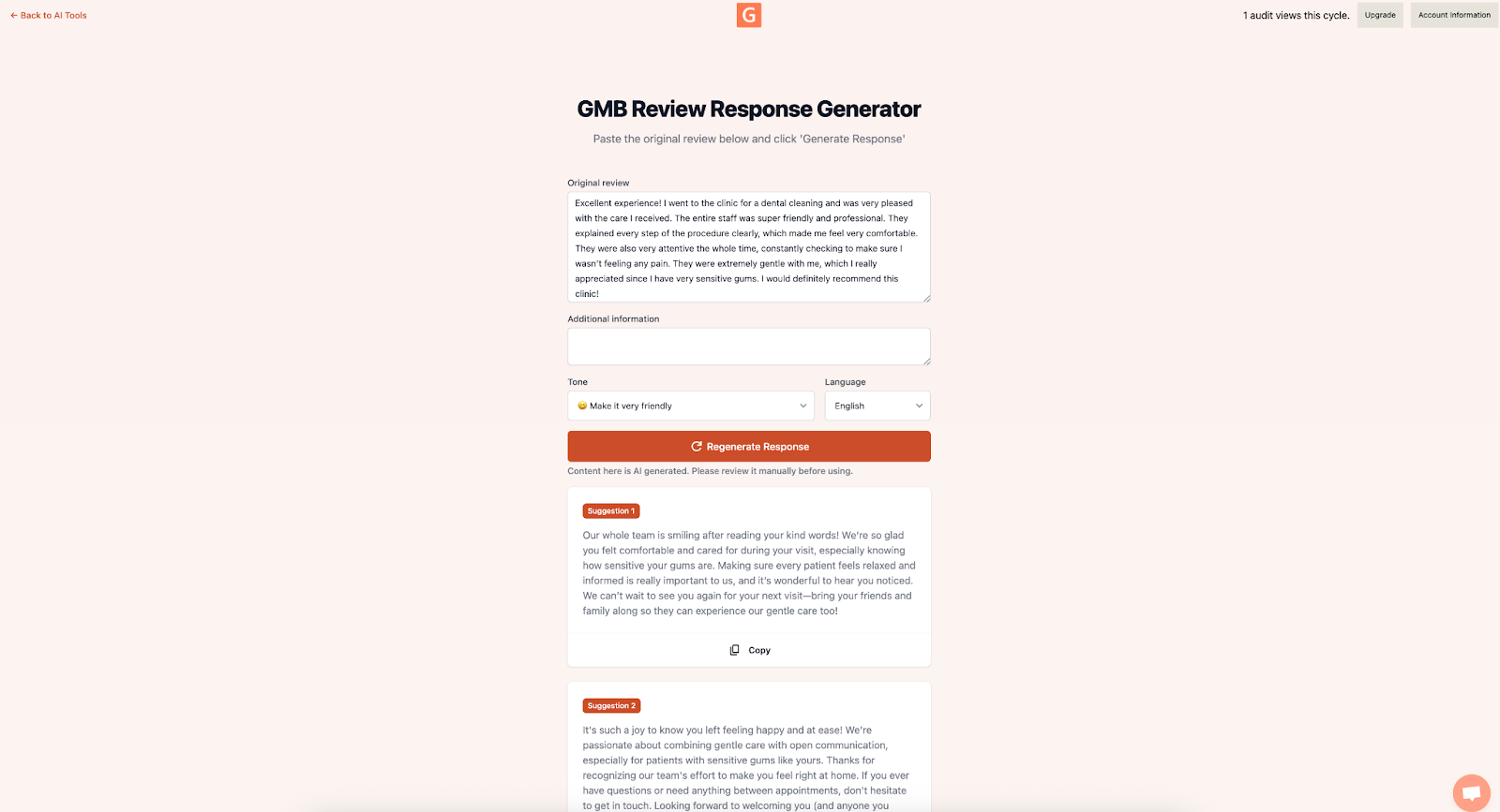 Screenshot showing the Review Response Generator tool