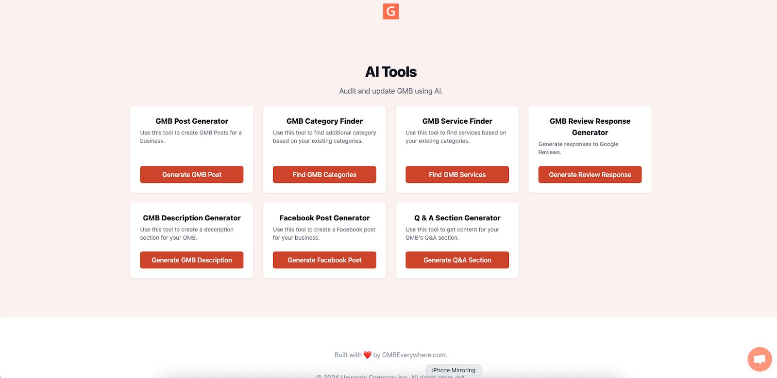 Screenshot showing GMB Everywhere AI tools page