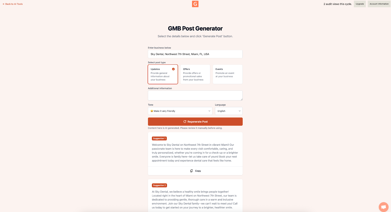 The GMB Everywhere AI Post Generator interface showing business name input and tone selection