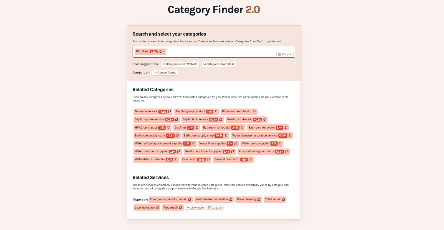 Screenshot showing secondary category options in GMB Everywhere alongside a Google Business Profile listing