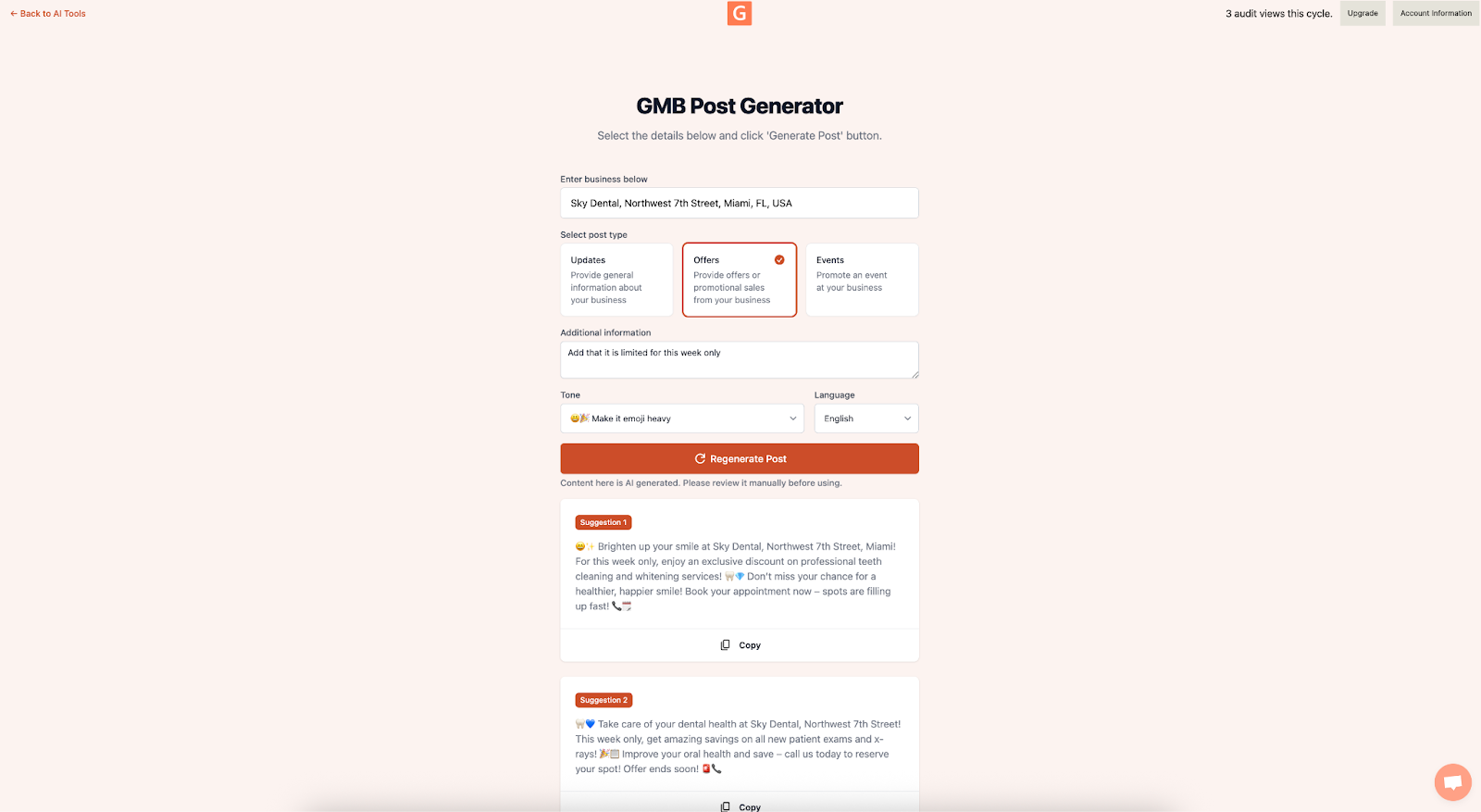 Screenshot showing a generated GBP post from GMB Everywhere AI Post Generator