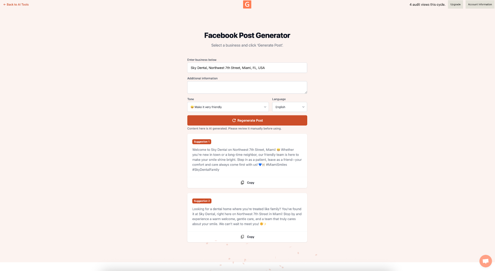 Screenshot showing the GMB Everywhere AI Facebook Post Generator tool