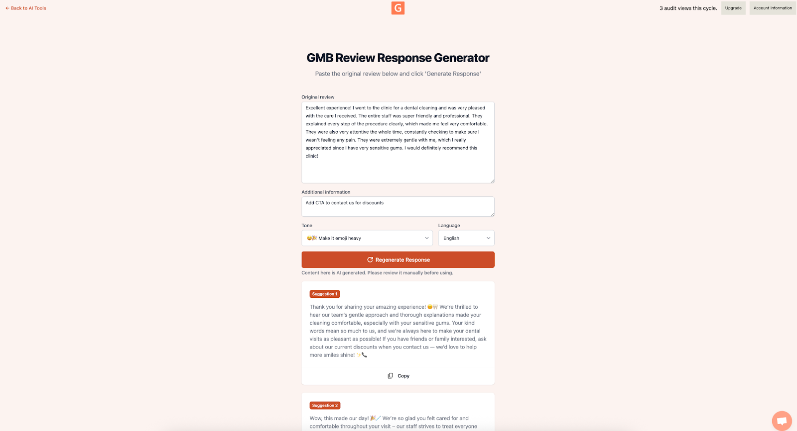Review Response Generator with tone options and Generate Response button