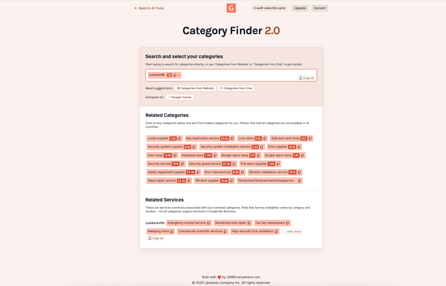 Screenshot of AI Category Finder results suggesting Residential Lock Repair