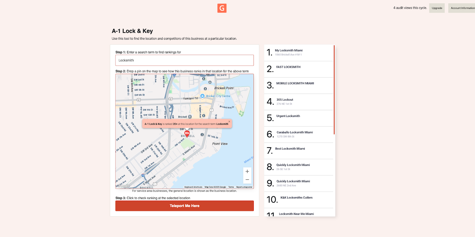 Screenshot showing competitor categories: Primary Locksmith, Secondary Key Duplication Service