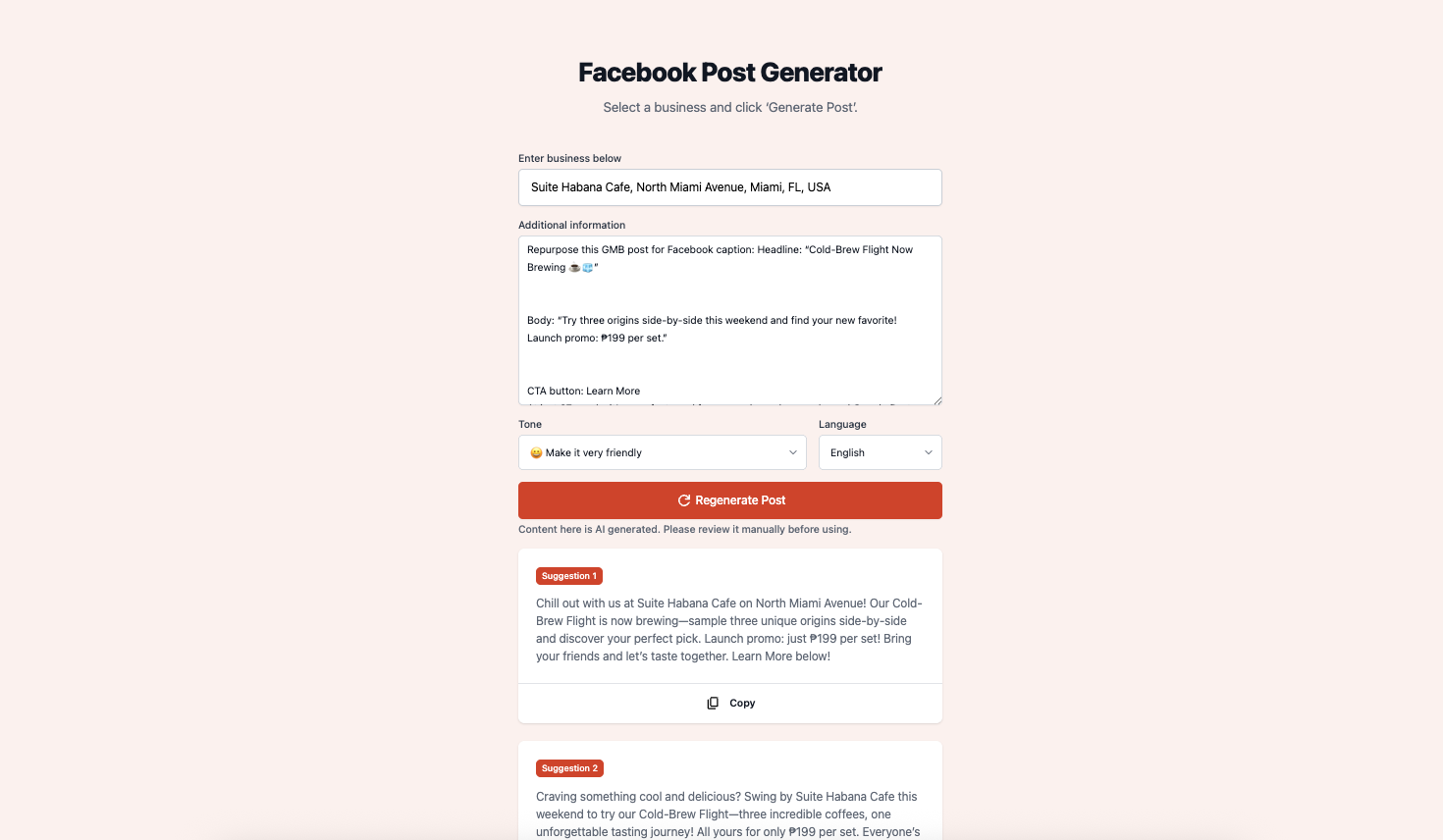 Screenshot showing two AI-generated post drafts for Facebook and Instagram