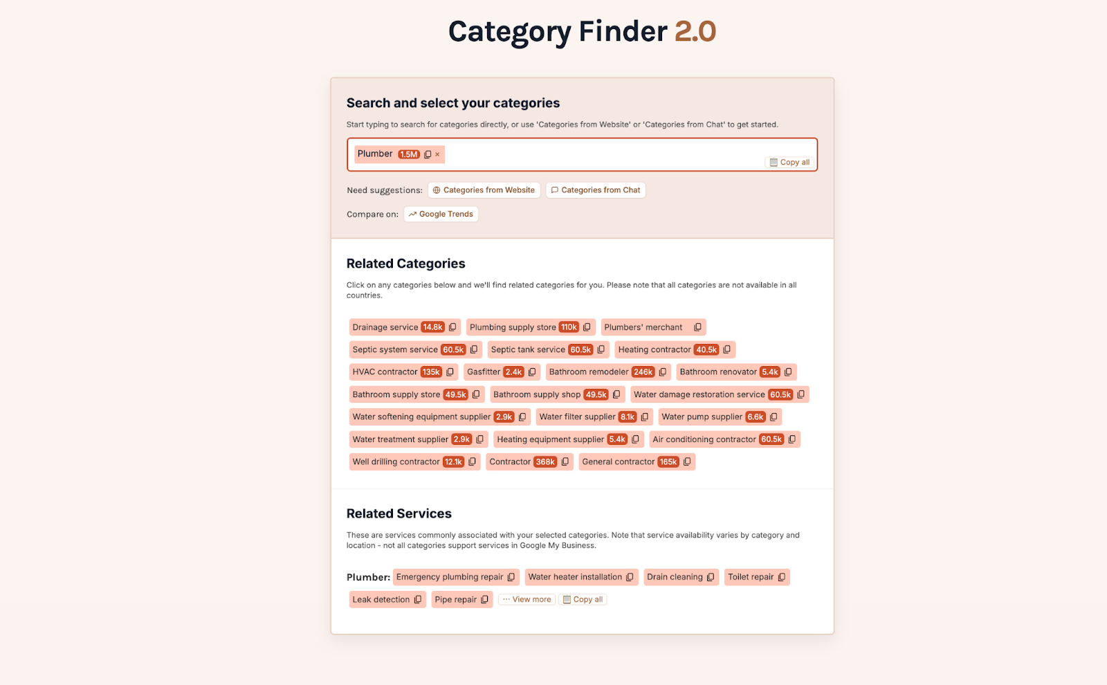 Category Finder results showing service ideas for a plumber