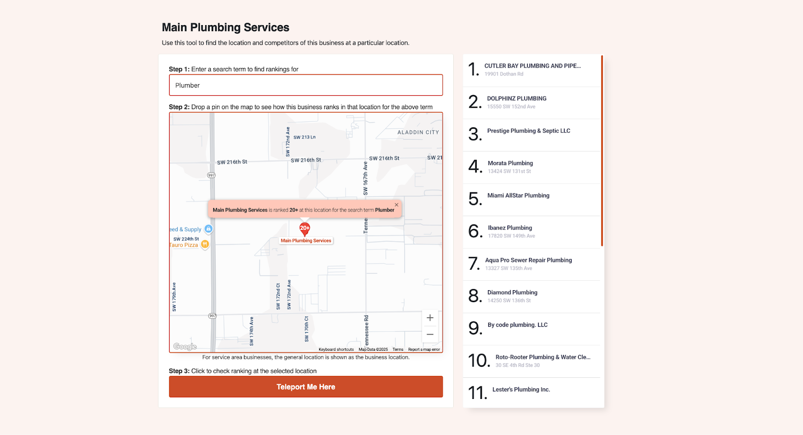 Screenshot showing the Teleport feature with keyword search and map location