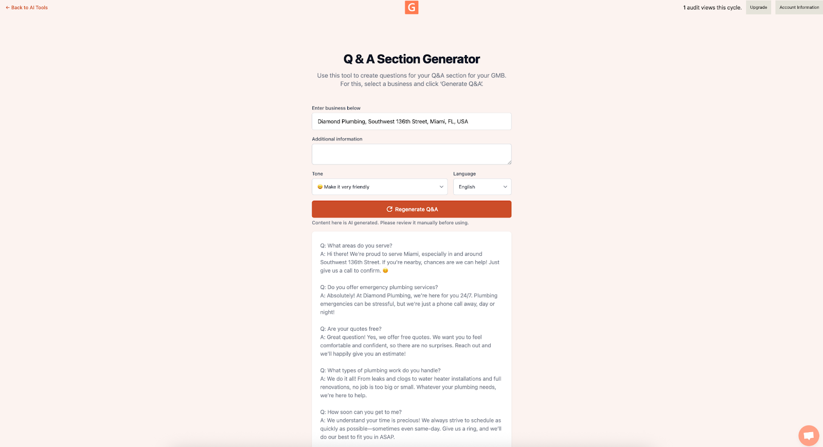 Generated Q&A ideas from GMB Everywhere based on business category and location