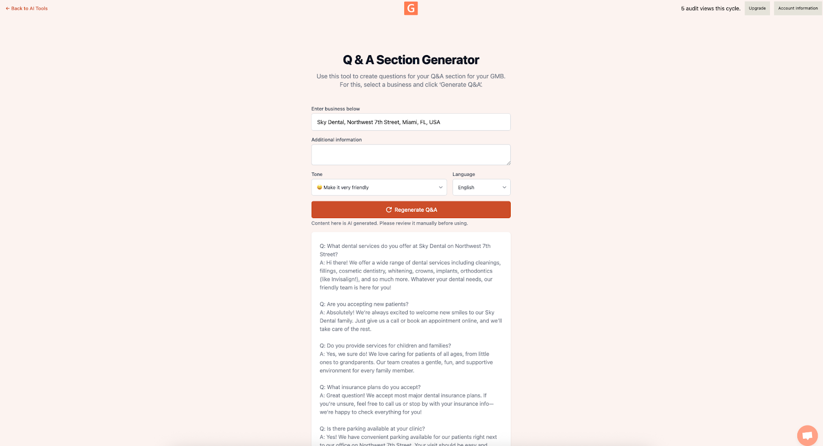 Screenshot showing generated Q&A content from GMB Everywhere
