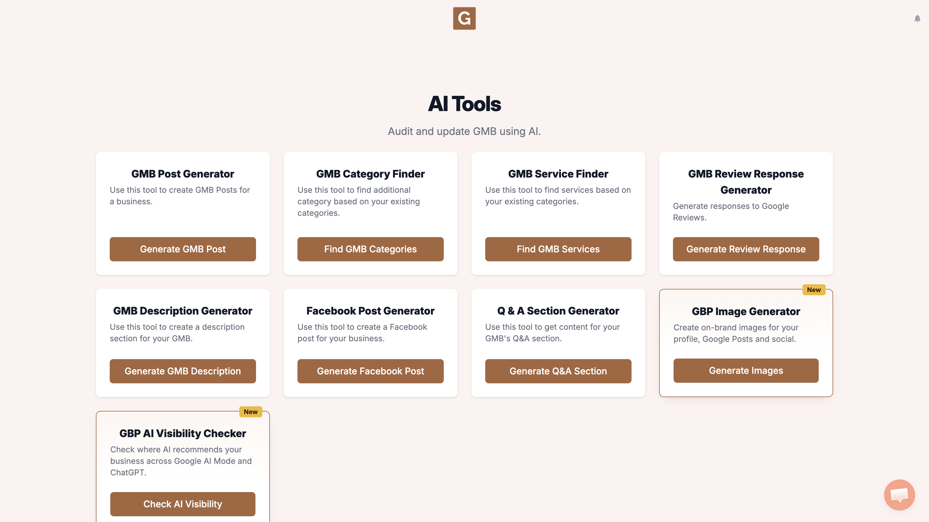 GMB Everywhere AI Tools page showing the GBP Image Generator card and the Generate Images button
